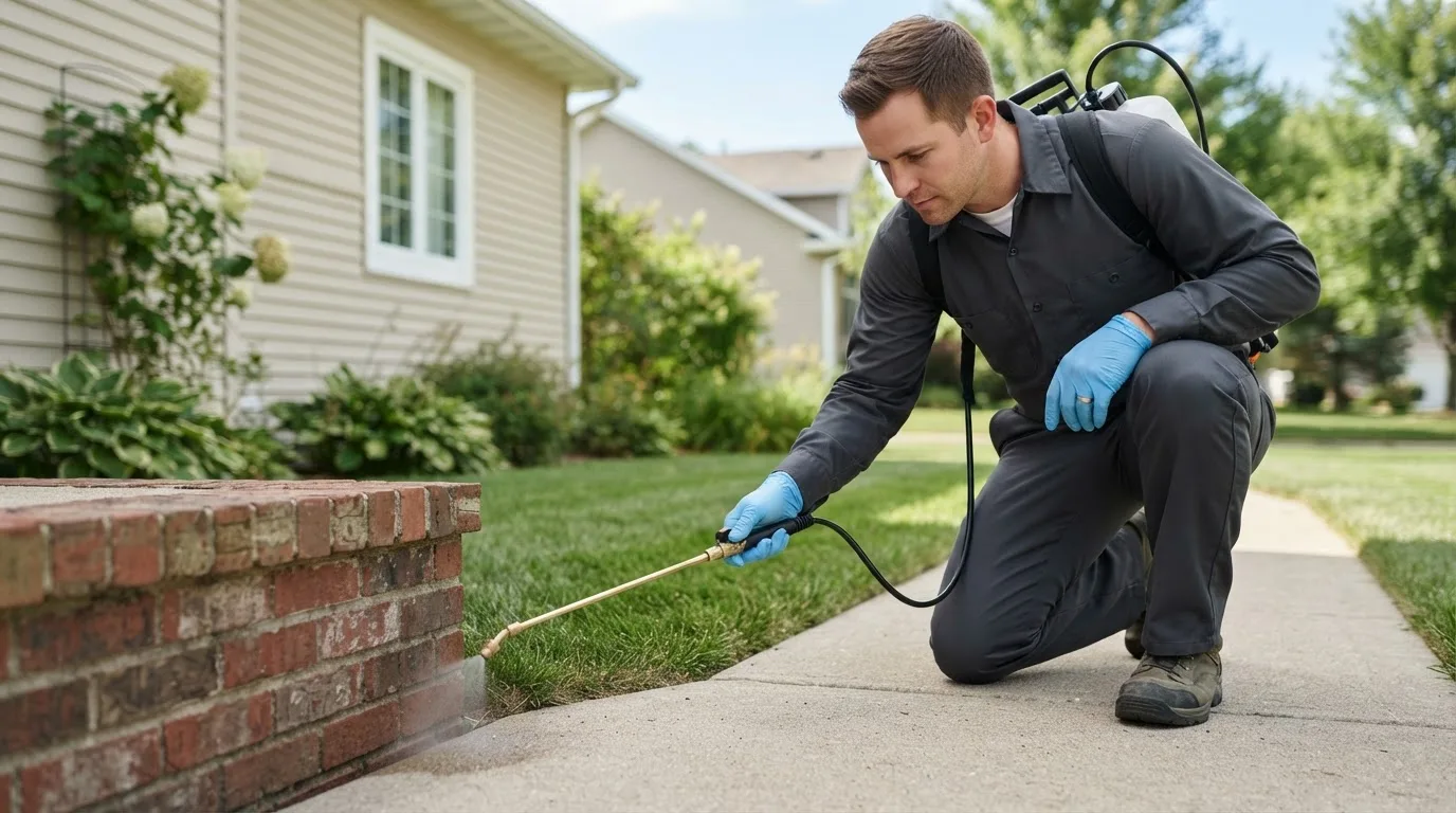 Pest control technician treating a home near Yarmouth Port, MA